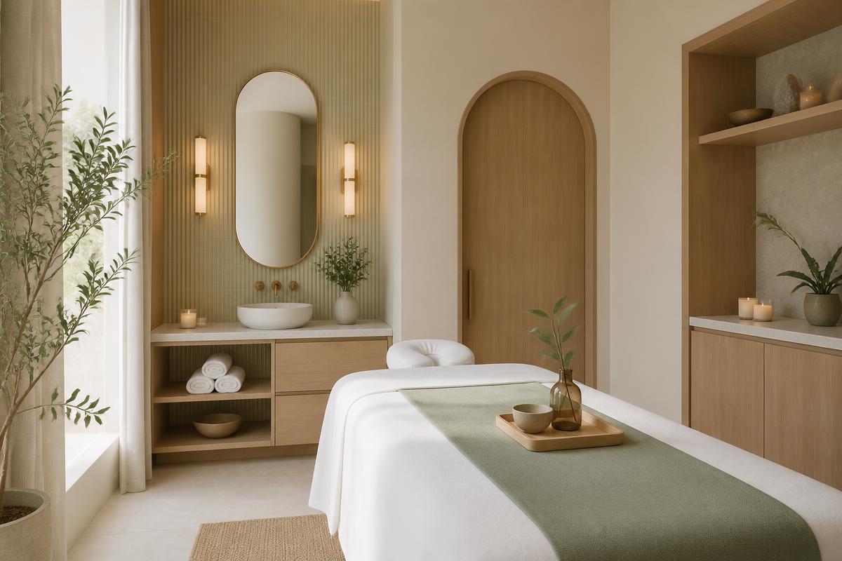 Minimalist bodywork and spa interior with warm wood, sage accents, and clean white linens