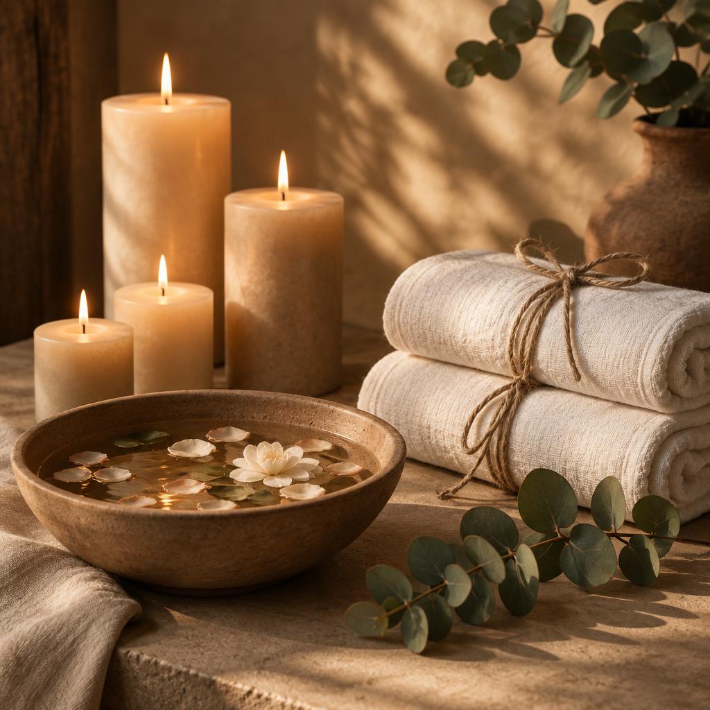 Lit candles, rolled linen towels, and eucalyptus in a warm spa still life