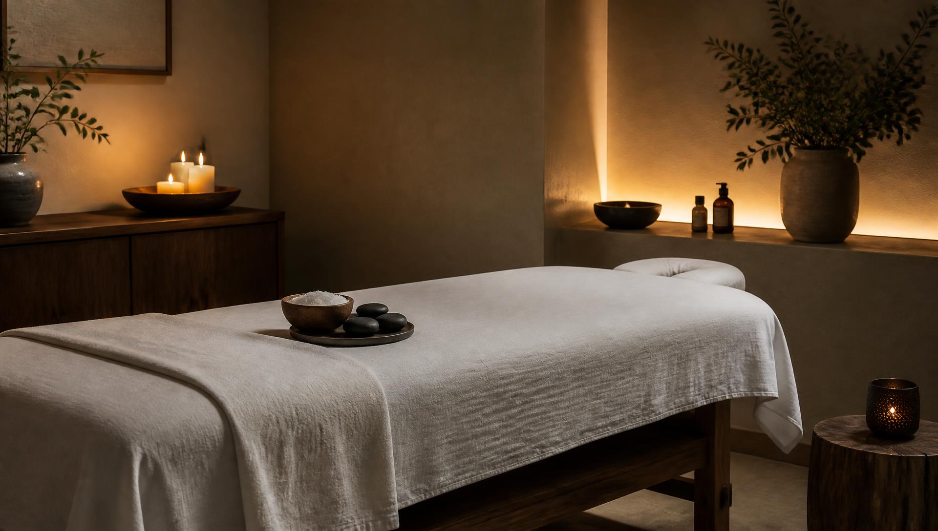 A serene, dimly lit bodywork and spa treatment room with soft linen and warm ambient light